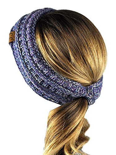 C.C Cable Knit Fuzzy Lined Ear Warmer Ponytail Pony Headband, Blue/Purple/Gray