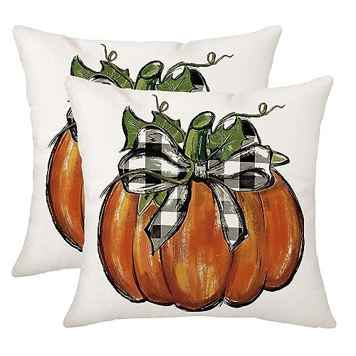 Fall Pillow Covers 18×18 Inch Autumn Pumpkin Buffalo Plaid Throw Pillow Cover Thanksgiving Cushion Case for Home Couch Sofa Farmhouse Indoor Outdoor Decorative