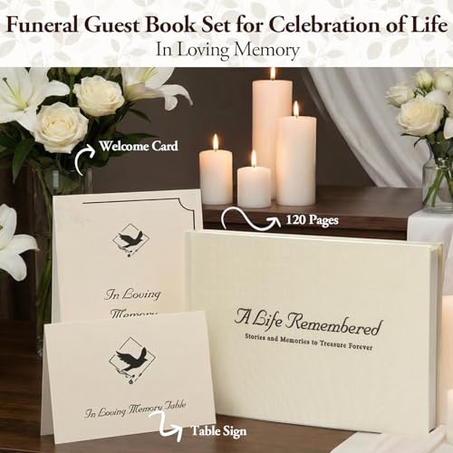 Image of Funeral Guest Book Set - Ivory Linen Hardcover with Black Gold Foil, 120 Acid-Free Lined Pages, Includes Table Sign & Welcome Card | 8.66x6.69 inch Memorial Sign-In Book for Funeral & Celebration of Life