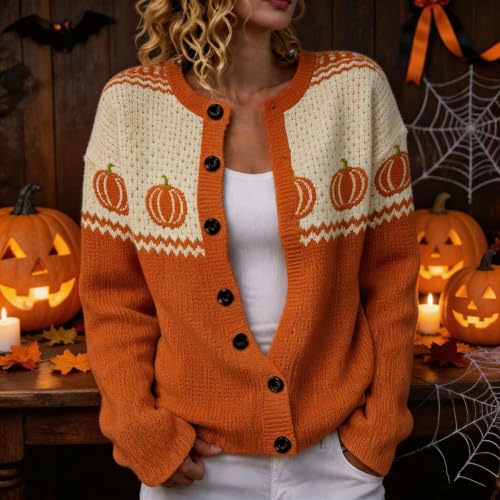 Cardigan for Women Pumpkin Halloween Sweater Button Up Knit Coat - image 2