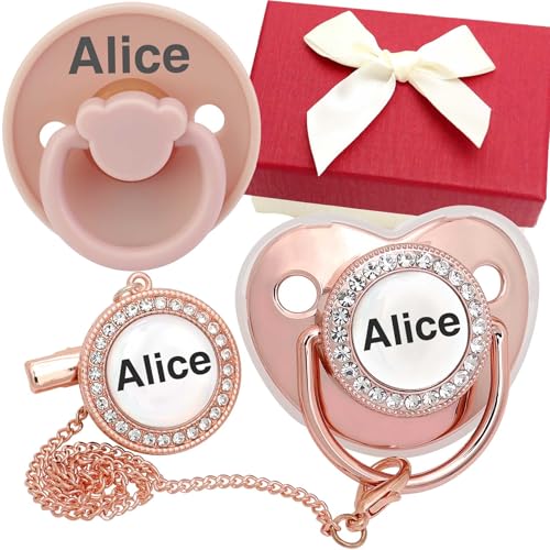4 piezas, chupete personalizado con nombre, clip para chupete personalizado, regalo para bebés para niños y niñas recién nacidos, accesorios para chupete con purpurina con nombre (0-6 meses) (Rose)