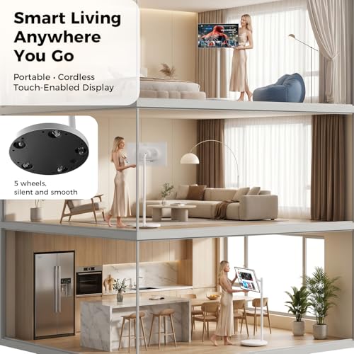 Image of VLH 27 Inch Smart Portable TV, FHD Touch Screen Rolling Monitor on Wheels, Android 15, 6GB +128GB, Wireless Tablet Display, EDLA-Certified, 4K Hidden Camera, 27000mAh Battery, Voice Remote Control