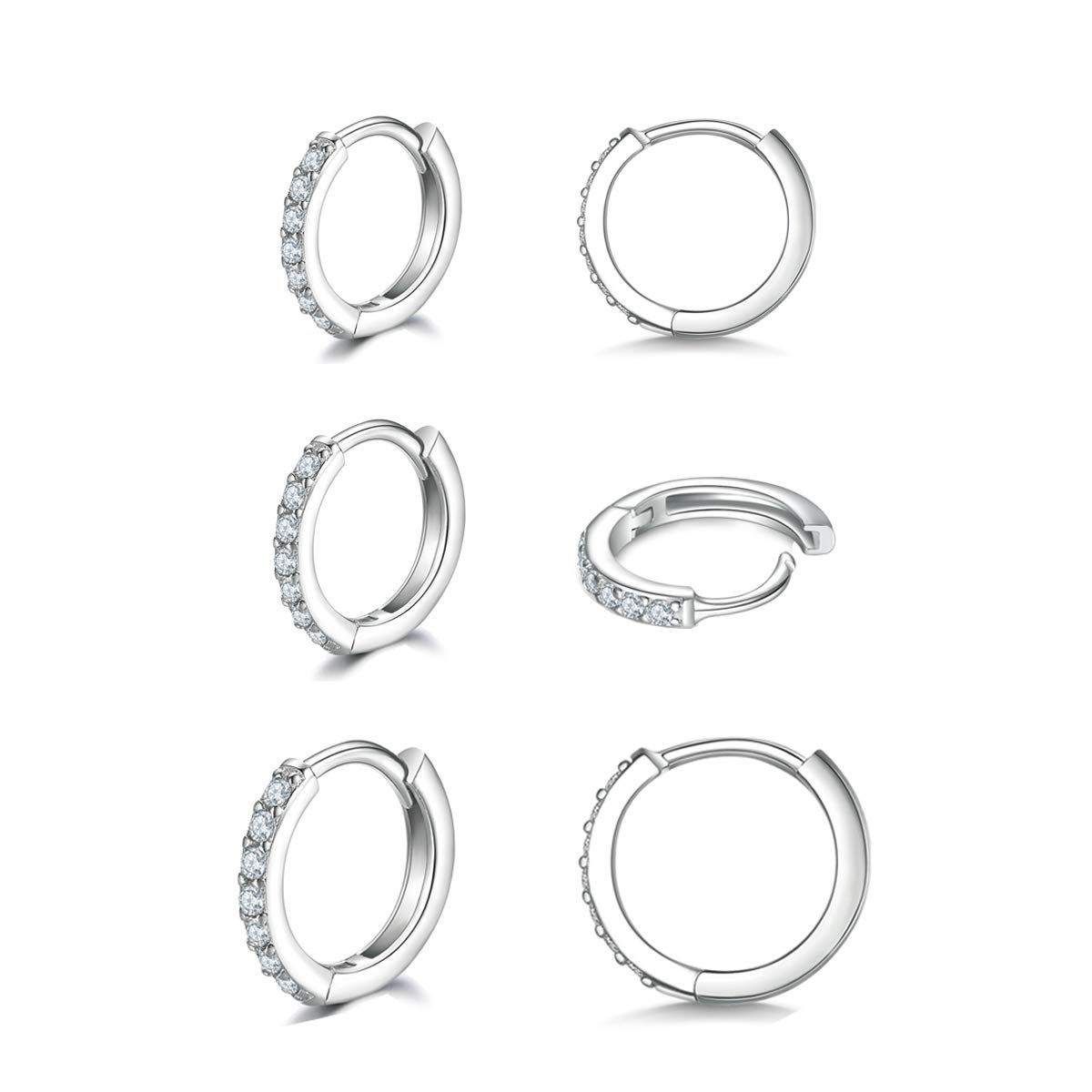 925 Sterling Silver Post Small Hoop Earrings Cubic Zirconia Huggie Hoop Earrings,3 Pairs Cartilage Piercing Earrings Ear Cuff Tiny Hoop Earrings for Women Girls Men 8mm 10mm 12mm