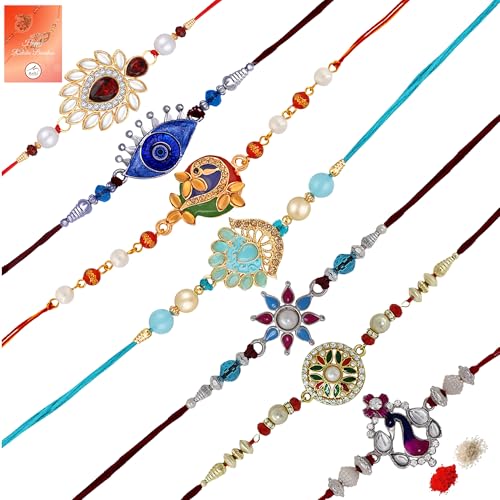 Image of Mahi Combo Set of 7 Beautiful Rakhi for Brother, Bhai, Bhaiya with Meenakari Work (PARCSO1105439PR)