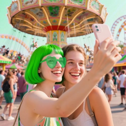 Image of PLULON Green Bob Wig and Sunglass Set, Neon Funny Short Bob Wig Sunglass Pack Colorful Hairpieces Fancy Dress Cosplay Costume Accessories for Women Bachelorette Party Favors, Halloween Decorations