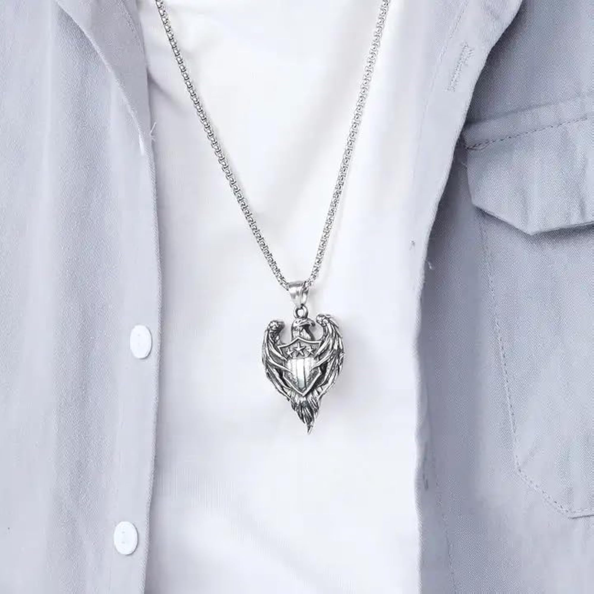 Men's Eagle Silver Chain Locket Necklace Set
