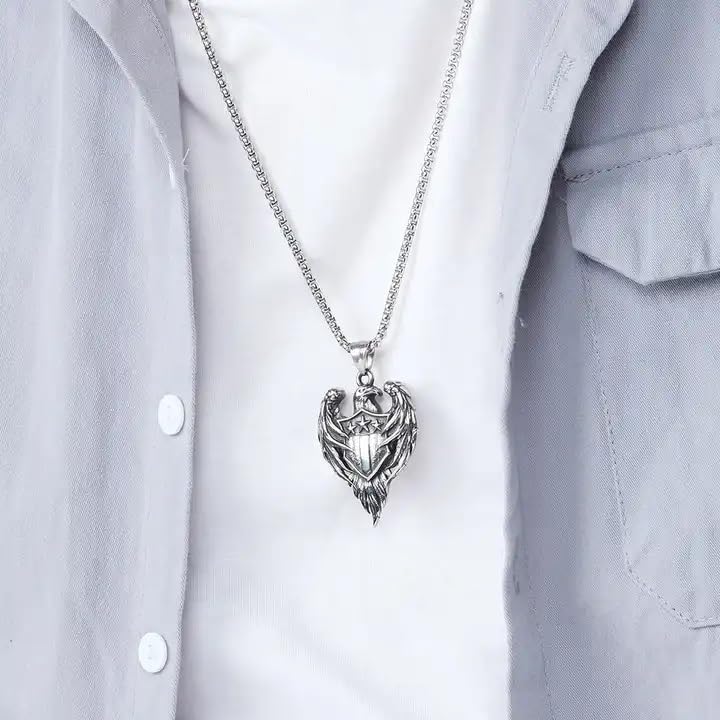 Men's Eagle Silver Chain Locket Necklace Set