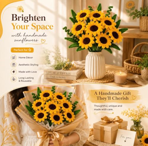 Image of RUHANI 300 Pieces Pipe Cleaner Sunflower Bouquet Kit, Chenille Flower Craft Set
