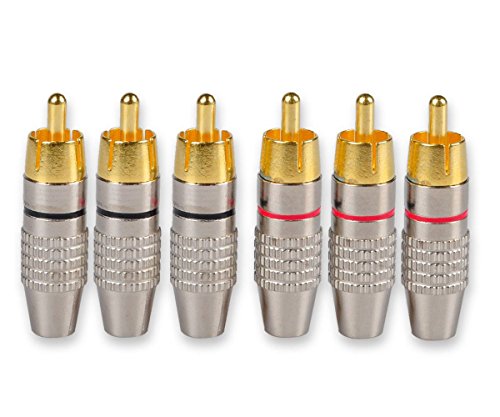 Besmelody 6-Pack RCA Male Plug Screws Audio Video in-Line Jack Adapter Solderless Gold Plated [3-Pair]