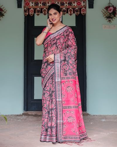 Image of Kaugalian store Linen Cotton Floral Printed Saree for Women with Unstitched Blouse Piece | 5.5 M Saree & 0.8 M Blouse