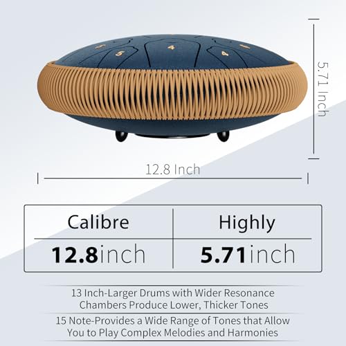 Image of Steel Tongue Drum, 13 Inch 15 Notes Tongue Drums, C Major 440 Hz Drum Percussion Instruments, Handpan Drums with Music Book, Drum Mallets and Carry Bag (Navy Blue)