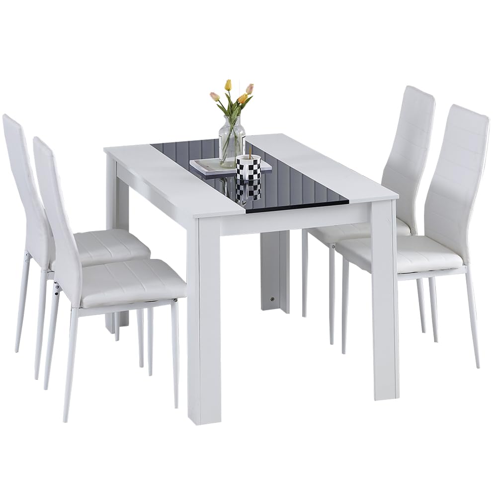 Homullel 5 Piece Dining Room Table and Chairs Set for Dining Room Kitchen, Modern Wooden Dining Table with Chairs for Family Dinner Space Saving Dinner Set (120cm Table+4 White Leather Chairs) — image 1