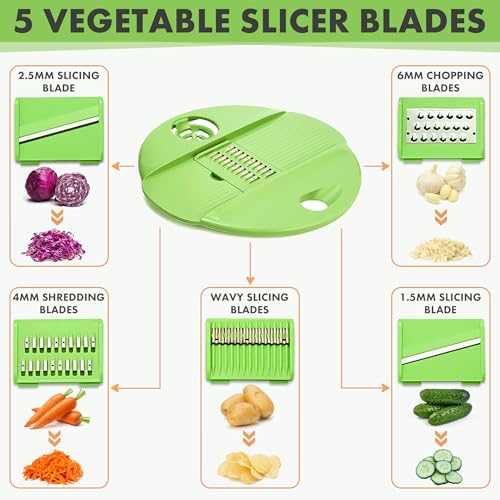 5-in-1 Salad Spinner Large with Lid Vegetable Washer and Dryer Fruit Cleaner Vegetable Chopper & Slicer with 5 Blades, 5 Qt Lettuce Spinner Strainer Shredder Bowl Egg Yolk Separator for Easy Meal Prep