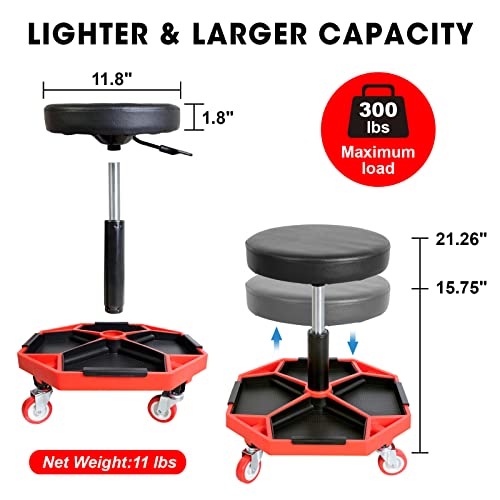 Image of Big RED ATRXF8308R Torin Heavy Duty Pneumatic Garage Rolling Stool /Creeper Seat with Removable Plastic Tray, 300 lb Capacity, Black /Red