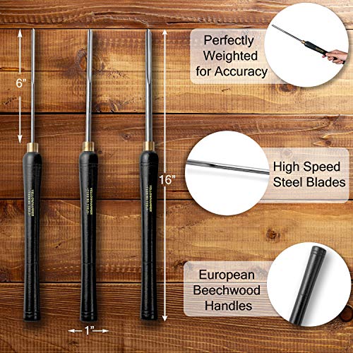 Yellowhammer Turning Tools Essentials 3 Piece Bowl Gouge Set Includes 1/4 Flute, 3/8 Flute, and 1/2 Flute Featuring Beech Handles, Brass Ferrules and High Speed Steel Blades