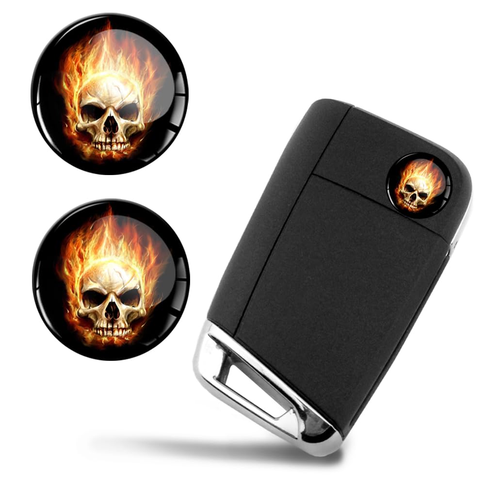 Skinoeu Multicoloured 2 X Diameter 14 Mm Skull With Flames Fire Skull Key Emblem Stickers For Remote Control Car Moto Logo Key Badge Tuning Ksk 14