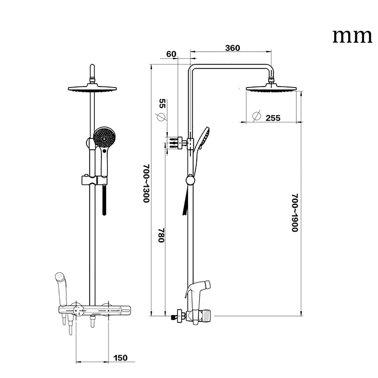 Sistema Doccia a Pioggia con soffione da 10 Pollici, Set Rubinetto termostatico a Parete, Cascata in Ottone, beccuccio per Vasca, doccetta a 3 modalità, Bidet S, Cromato (Grigio)