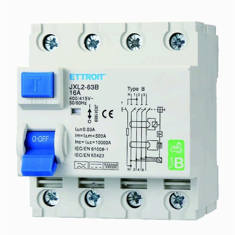 Interruttore Differenziale Puro Magnetotermico 4P 16A 30mA CURVA B 6KA AC/DC 380V 30mA CURVA B per Guida DIN - 4 Moduli DIN - Protezione Circuiti e Sicurezza Impianti