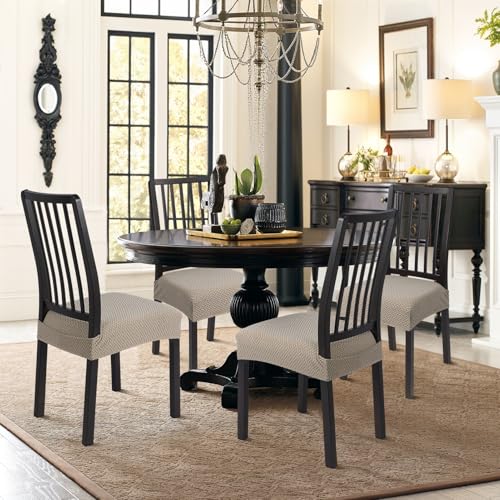 Image of SearchI Stretch Dining Chair Seat Covers Set of 6, Soft Removable Washable Seat Covers for Dining Chairs, Dining Room Seat Cover Protector (Rear-Covered, Twill Jacquard Taupe)