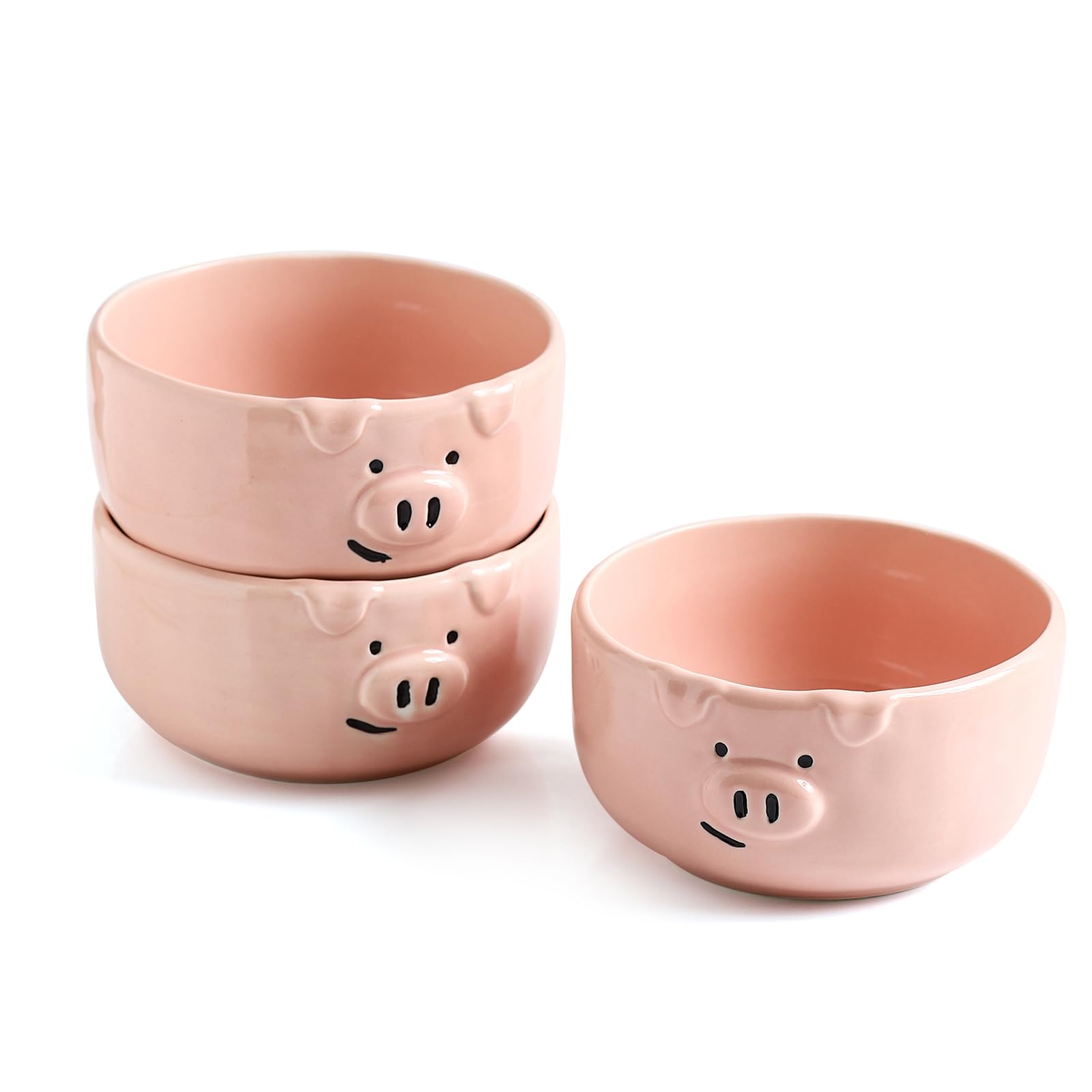 Set mit 3 niedlichen rosa Cartoon-Schweineschalen, 370 ml, kleine Keramikschalen zum Servieren von Snacks, Desserts, Müsli, Suppe