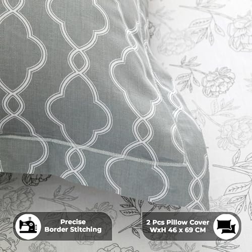 Image of Story@Home Luxe 400 TC Sateen Weave 100% Cotton Bedsheet King 108 x 108 Inches Floral Printed Soft Flat Sheet with 2 Pillow Covers 18 x 27 Inch -White & Grey-Gift Packaging