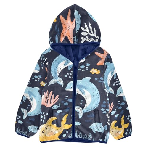 Sea Animals Seamless Pattern Toddler Fleece Jacket Girl Boys Hooded Fleece Jacket Coat Warm Outwear Zip-up 3-10T