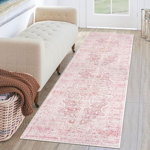 KUTA Vintage Washable Runner Rug, 2x6 Pink Runners for Hallways Non-Slip Floral Kitchen Rugs Ultra Soft Printed Distressed Floor Carpet for Laundry Bedroom Living Room Nursery