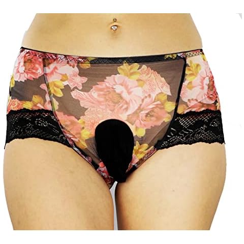 Mona's Choice Flower Pattern Mens Satin Briefs With Ice Silk Pouch/Mens Sissy Panties (US, Alpha, XX-Large, Regular, Regular, Black) Cover