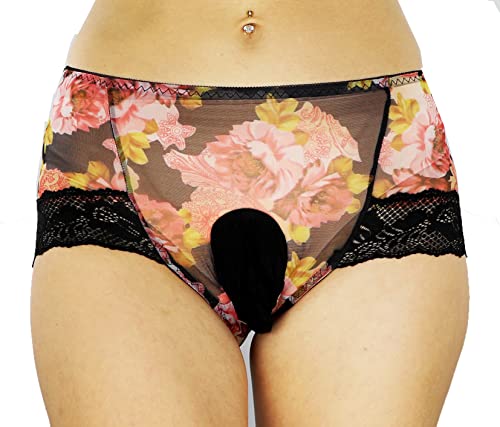Mona's Choice Flower Pattern Mens Satin Briefs With Ice Silk Pouch/Mens Sissy Panties (US, Alpha, Large, Regular, Regular, Black)