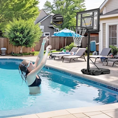 DEBERG Swimming Pool Basketball Hoop Set Height-Adjustable Portable Pool Basketball Hoop Poolside with Shatterproof Backboard and Stainless Steel Rim/Bracket, Includes a Ball and Air Pump