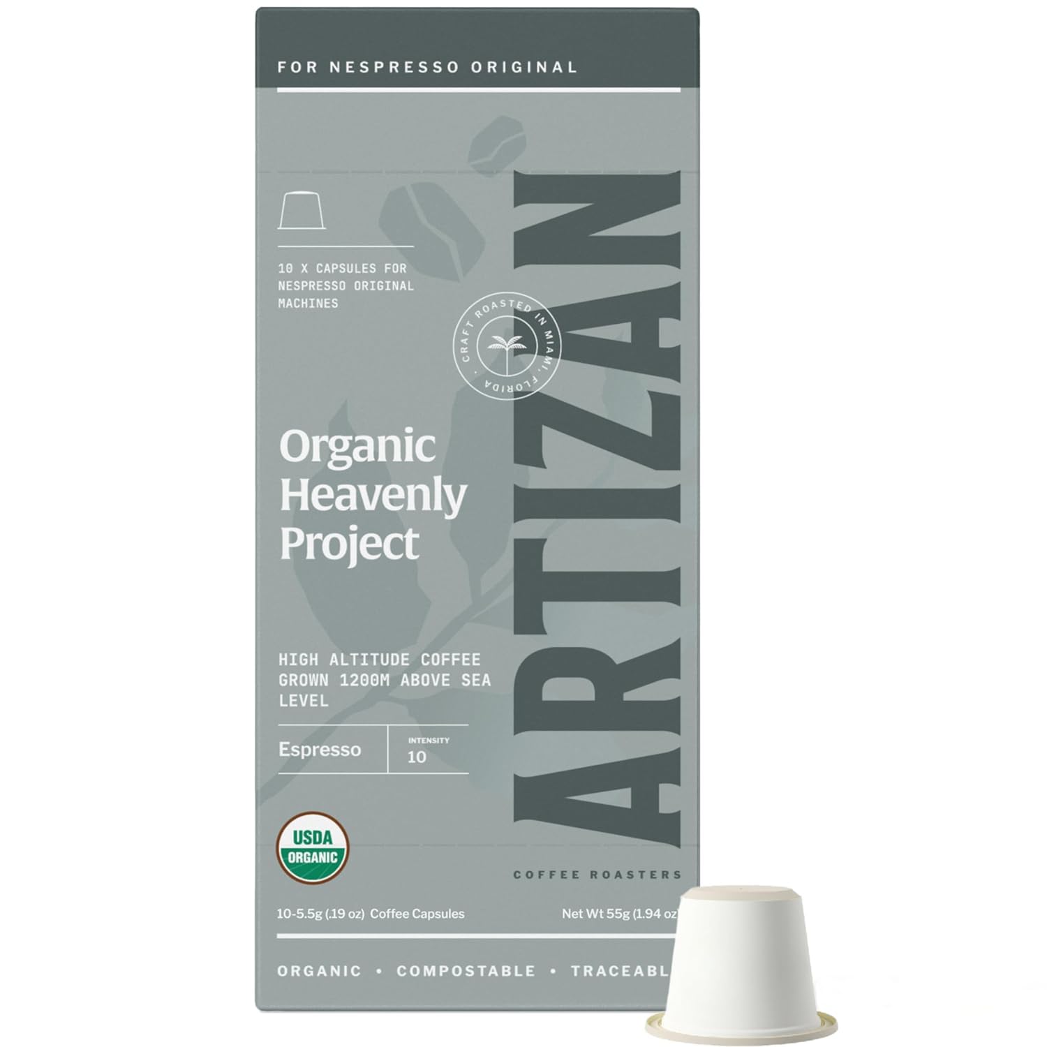 Artizan Coffee USDA Organic Espresso Coffee Capsules For Nespresso Original | Heavenly Project | 10 Compatible Compostable Pods