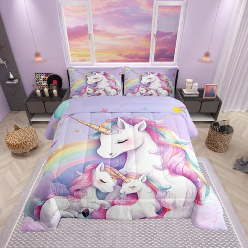 Cute Cartoon Unicorn Comforter for Girls Kids,Fairy Tale Comforter Set Queen Size Home Decor,Soft Unicorn Family Bedding Set,Rainbow Star Sky Teens Bedroom Down Duvet,1 Comforter with 2 Pillowcases