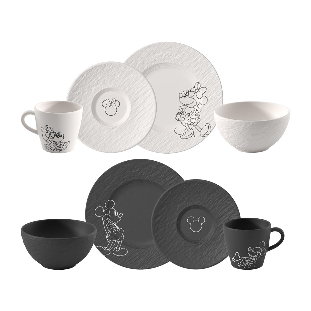 Villeroy & Boch Manufacture Rock โ Mickey Mouse โ Breakfast Set, 8 Pieces, Black/White, Dishwasher-Safe & Microwave-Safe, Slate Look with Disney Mickey Mouse Chalk Decoration, Premium Porcelain