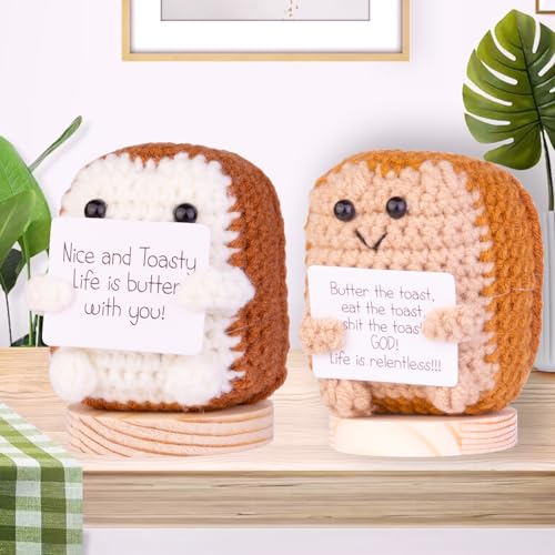 Image of Handmade Emotional Support Toast, Positive Toast Crochet Doll Inspirational Gifts Creative Knitted Holding Card Birthday Christmas Girls Gift Party Decor with Stand(Brown)