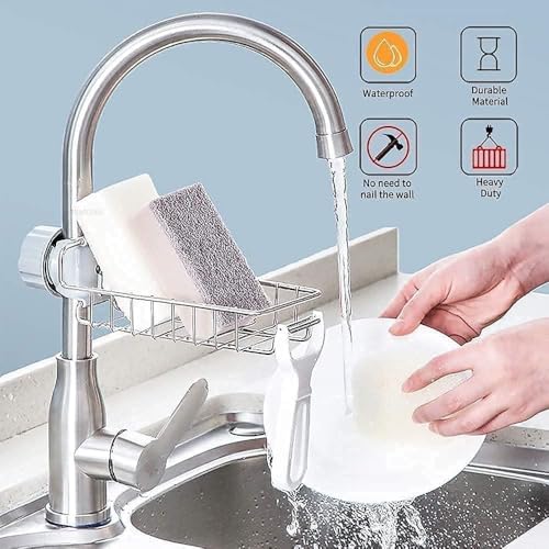 Image of Stainless Steel Kitchen Sink Caddy Organizer, Adjustable Faucet Clamp Sponge Holder with Drainage, Multifunctional Storage Rack for Soap and Scrubber