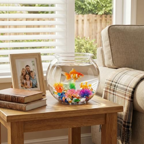 1 Gallon Round Plastic Fish Bowl Set, Crystal Clear Plastic Aquarium for Fish with 5 Decorative Plants and 8.8oz Colorful Stones, Small Fish Tank for Home Decoration - Image 4