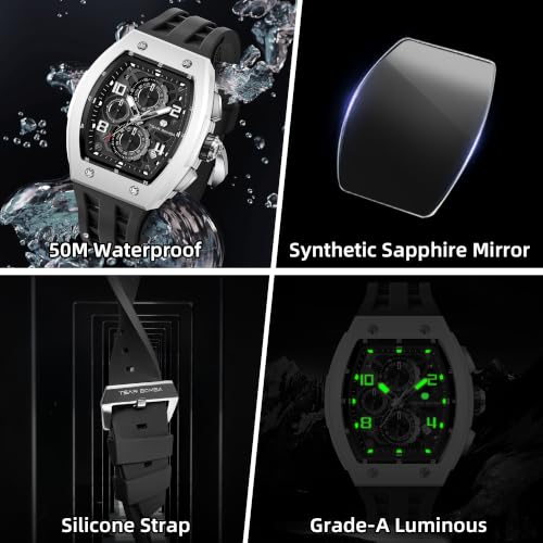 Image of TSAR BOMBA Men's Luxury Quartz Watch, Luminous Dial 5ATM Water Resistance Silicone Strap Men's Wristwatch Ideal Gift for Men