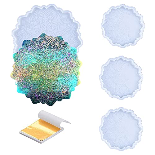 Resin Silicone Mold Wenida 4 Pieces Sun Flower Tray Mold Set Epoxy Casting for DIY Art Craft Home Decoration with 20 Gold Foil Sheets