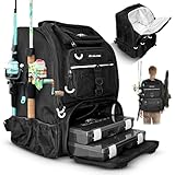 Zaloom Mochila de pesca con soporte para caña y red telescópica, mochila de aparejos de pesca de 45 L, 2 cajas de aparejos, compartimentos de almacenamiento adicionales, bolsa de senderismo y viaje