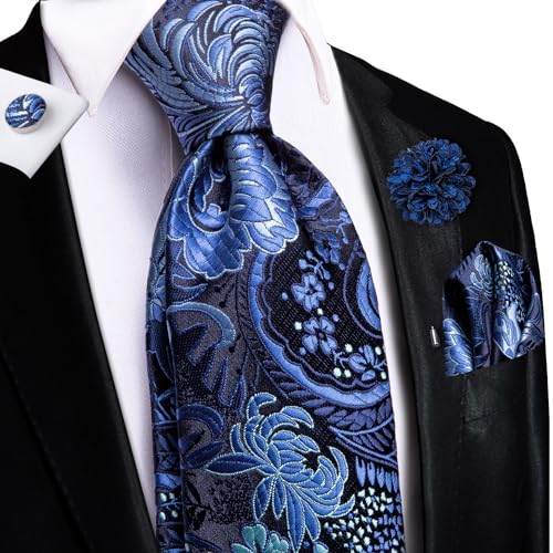Image of Hi-Tie Men's Tie Lapel Pin Set Pocket Square Cufflinks Formal Woven Silk Tie Sets Wedding Party