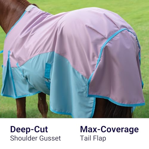 Horse Turnout Rain Sheet | 600 Denier Ripstop Turnout Blanket No Fill (0g) | Waterproof Lightweight Breathable | Tear-Resistant Outer & Rub-Free Silky Inner | Pink/Blue - 72 in - Image 4