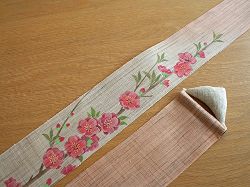 細タペストリー 『桃の花』 和モダン 春 四季 手描き タぺストリー 麻