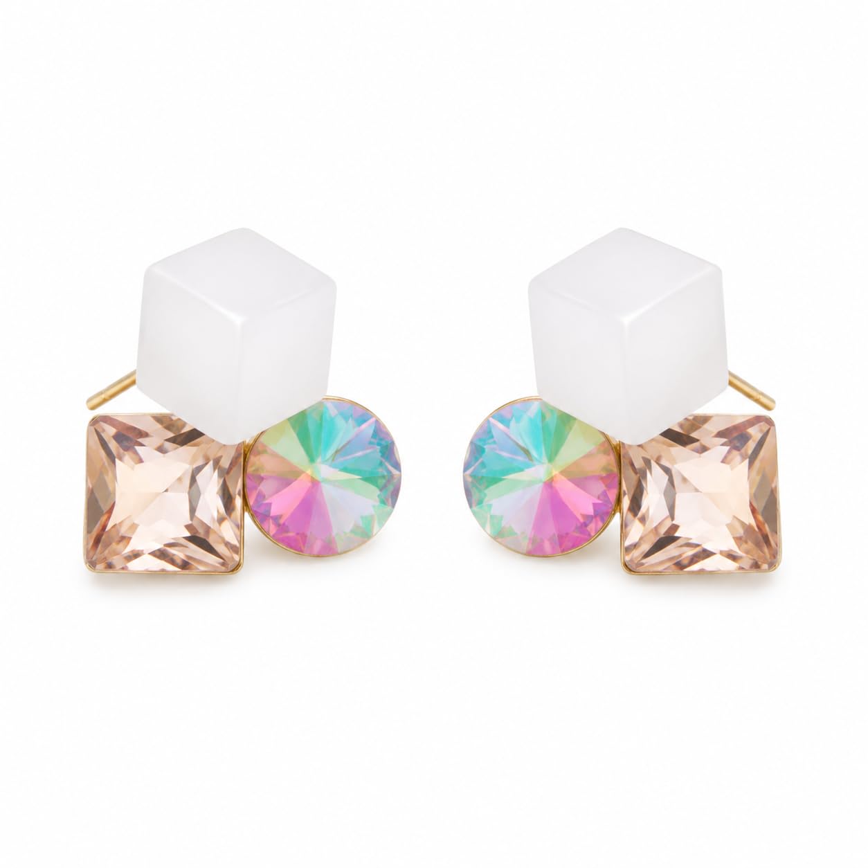 Geometric Tri-Color Crystal Stud Earrings for Women | Korean Style Square & Iridescent Stone Earrings | Elegant Gold-Tone Fashion Jewelry-image-43