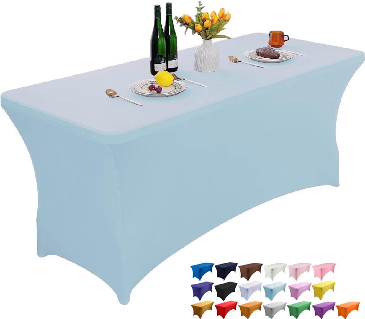 Wolfway Sky Blue 8Ft Stretch Spandex Table Cover Washable And Wrinkle Resistant Kitchen Spandex Tablecloth Fitted Rectangular Table For Party,Banquet,Weddings,Cocktail And Festival