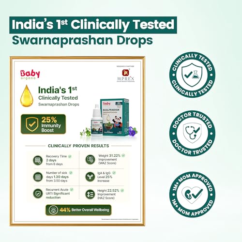 Image of BabyOrgano Swarnaprashan Drops for Kids, 0-15 Yrs, 15ml, Pack of 1 | Suvarnaprashan 24K Gold Drops, Swarna Bhasma, Brahmi, Shankhpushpi, Vacha & Tulsi Honey, Immunity, Brain & Growth Support