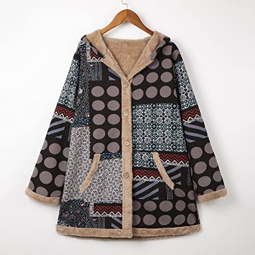 KAJIA Casaco feminino plus size com capuz fofo fofo peles artificiais forrado com estampa vintage ca