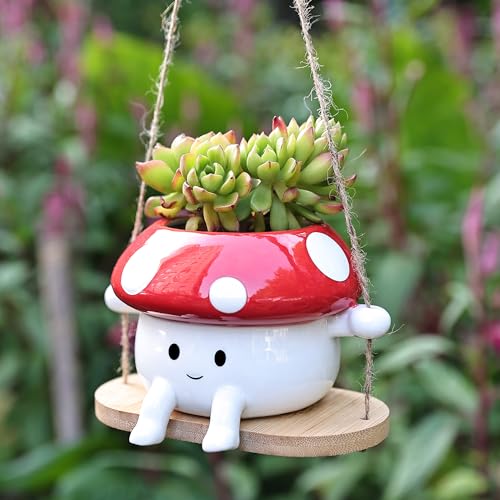Fungi Fun Mushroom Hanging Planter Pot, Cute Ceramic Swing Face Planter for Indoor & Outdoor, Unique Mushroom Planters for Succulents, String of Pearls Plant, Small Hanging Planters. Red & White