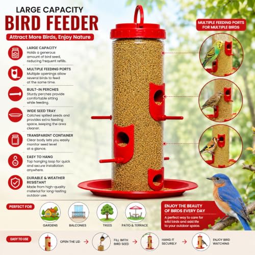 Image of Hanging Bird Feeder for Balcony & Garden 900ml Large Capacity Outdoor Food Feeder for Birds Red