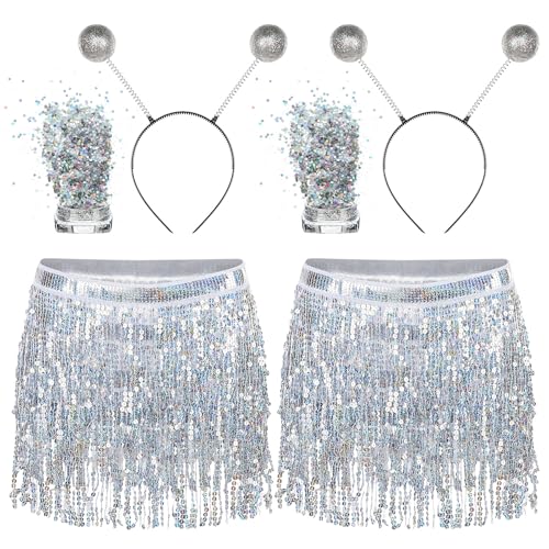 Chicingyou 6 Pcs Women Alien Costume Accessory Sequin Tassel Skirt Alien Antenna Headband Glitter for Cosplay Dance Party(Silver)