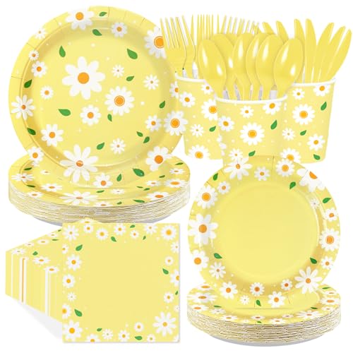 Greencian 168Pcs Daisy Birthday Decoration Yellow Daisy Plates and Napkins Spring Summer Yellow Flower Tableware Set for Birthday Baby Shower Bridal Shower Wedding Party Supplies Serves 24